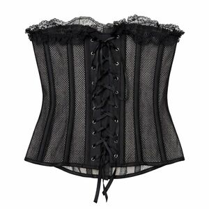 Shirley of Hollywood Black Lace Mesh Corset Bustier Boned Lace-Up Front Size M
